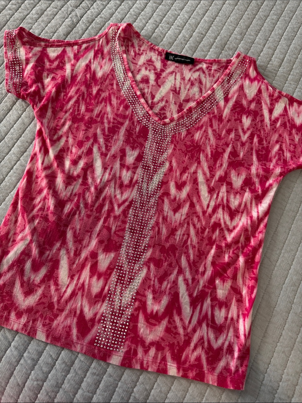 INC International Concepts Hot Pink Patterned V-Neck Top with Rhinestone Trim